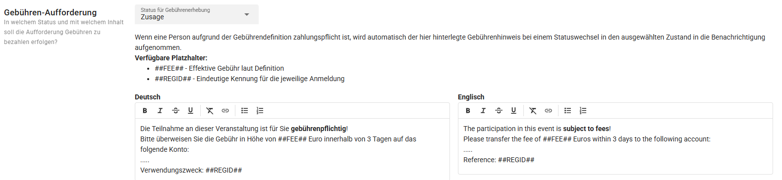 Konfiguration Zahlungsaufforderung