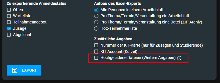 Export-Dialog mit Option für Datei-Export