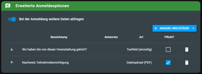 Einstellungen eines Verfahrens mit aktiviertem Datei-Upload